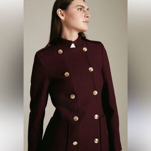 Karen Millen Burgundy Wine Military Blazer Gold Buttons Italian Wood Size 2 UK6